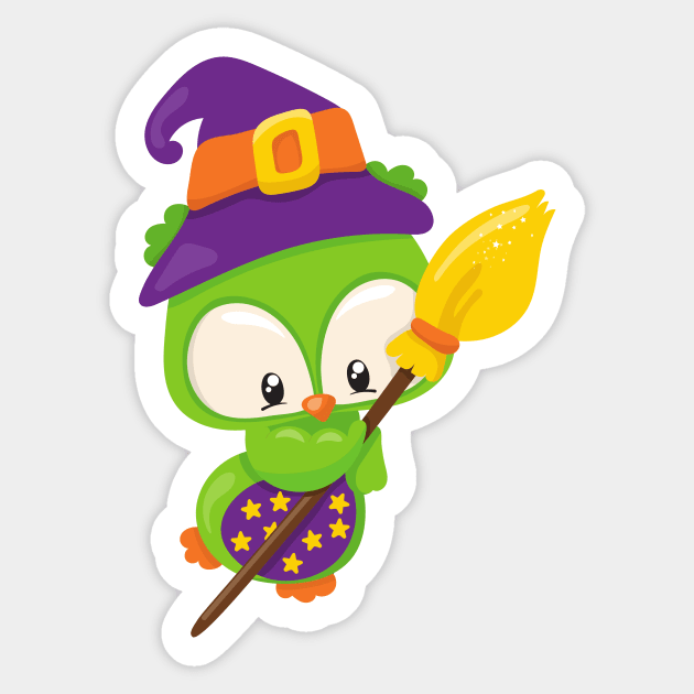 Halloween Owl, Cute Owl, Green Owl, Witch Broom Sticker by Jelena Dunčević